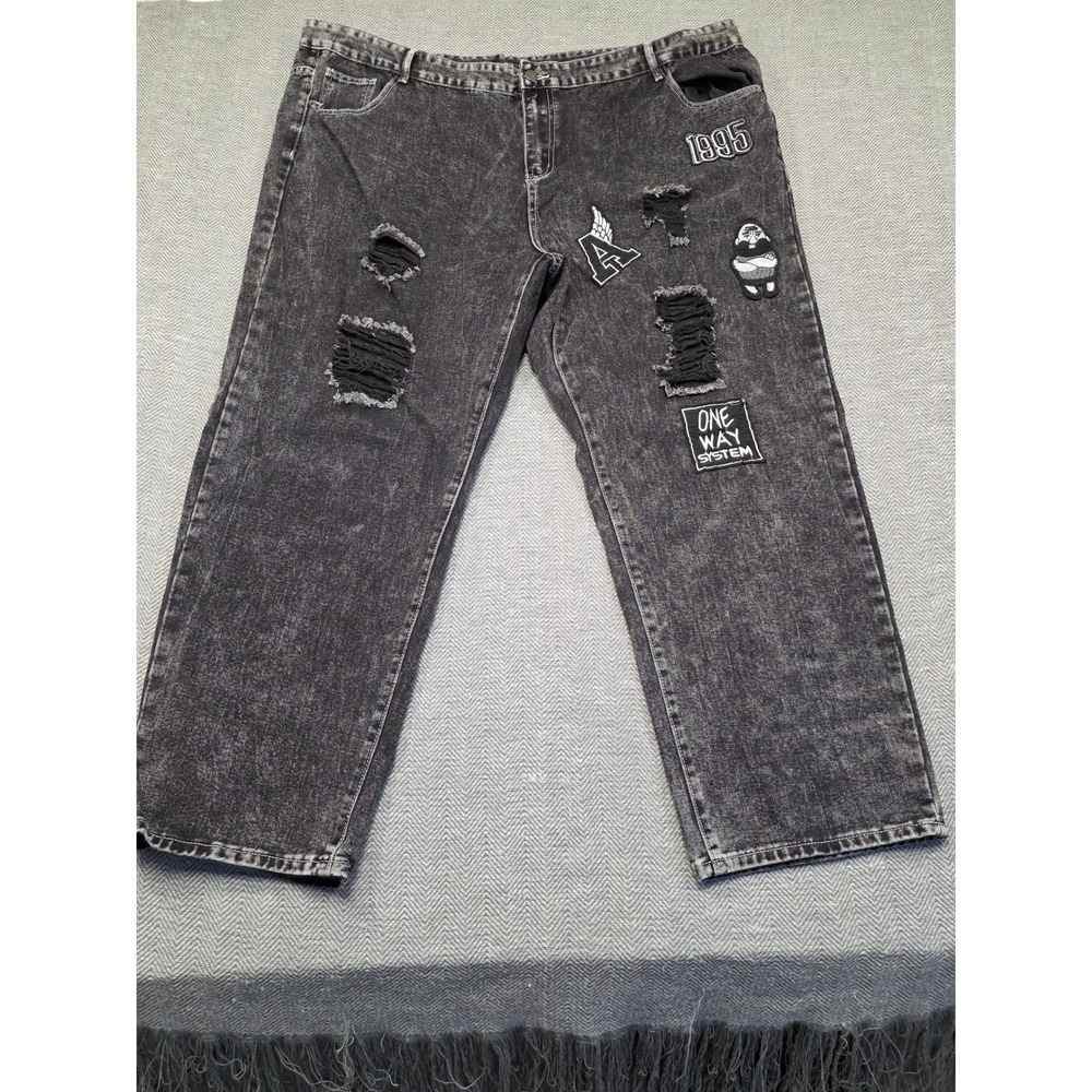 Manfinity‎ Mens 5XL Acid Wash Black Distressed Patchwork Jeans Streetwear 1995